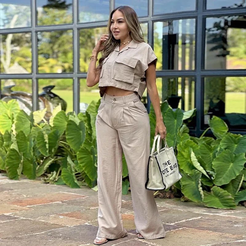 Wide Leg Trousers Casual Suit Women Y2K Polo Collar Pocket Short Sleeve Shirt Two Piece Sets Outfits Casual Pants Sets
Wide Leg Trousers Casual Suit Women Y2K Polo Collar Pocket Short Sleeve Shirt Two Piece Sets Outfits Casual Pants Sets