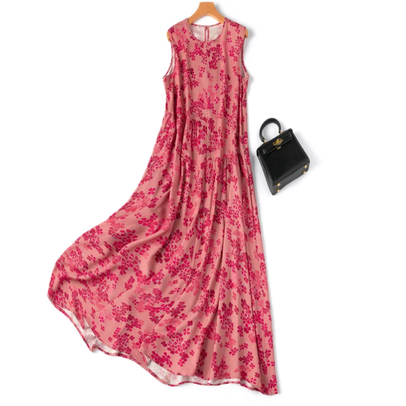 

Tcyeek 70% Mulberry Silk+30% Cotton Dress Elegant Dresses for Women Summer Dress Woman Clothes 2024 Sleeveless Maxi Dress Print