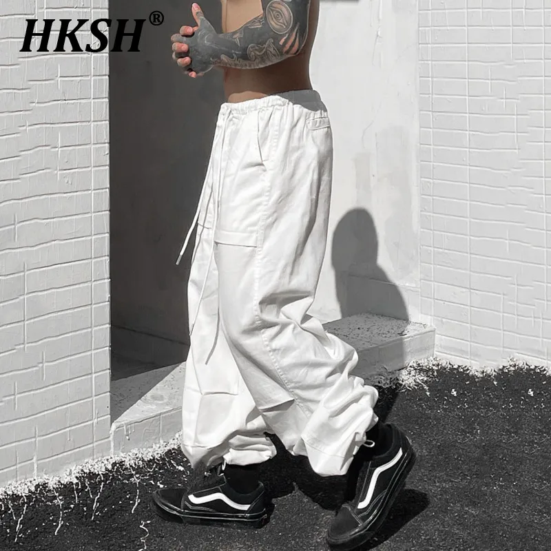 

HKSH Men's Tide Punk Trend New Vintage Casual Cargo Pants Drawstring Elastic Waist Wide Leg Safari Style Loose Overalls HK0935