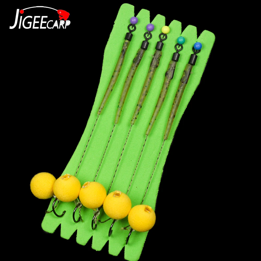 

JIGEECARP 5pcs Carp Fishing Accessories Ready Tied Carp Rigs with Boilie Pop Up Hooklink Hair Rigs With Line Barbed Hook Tackle