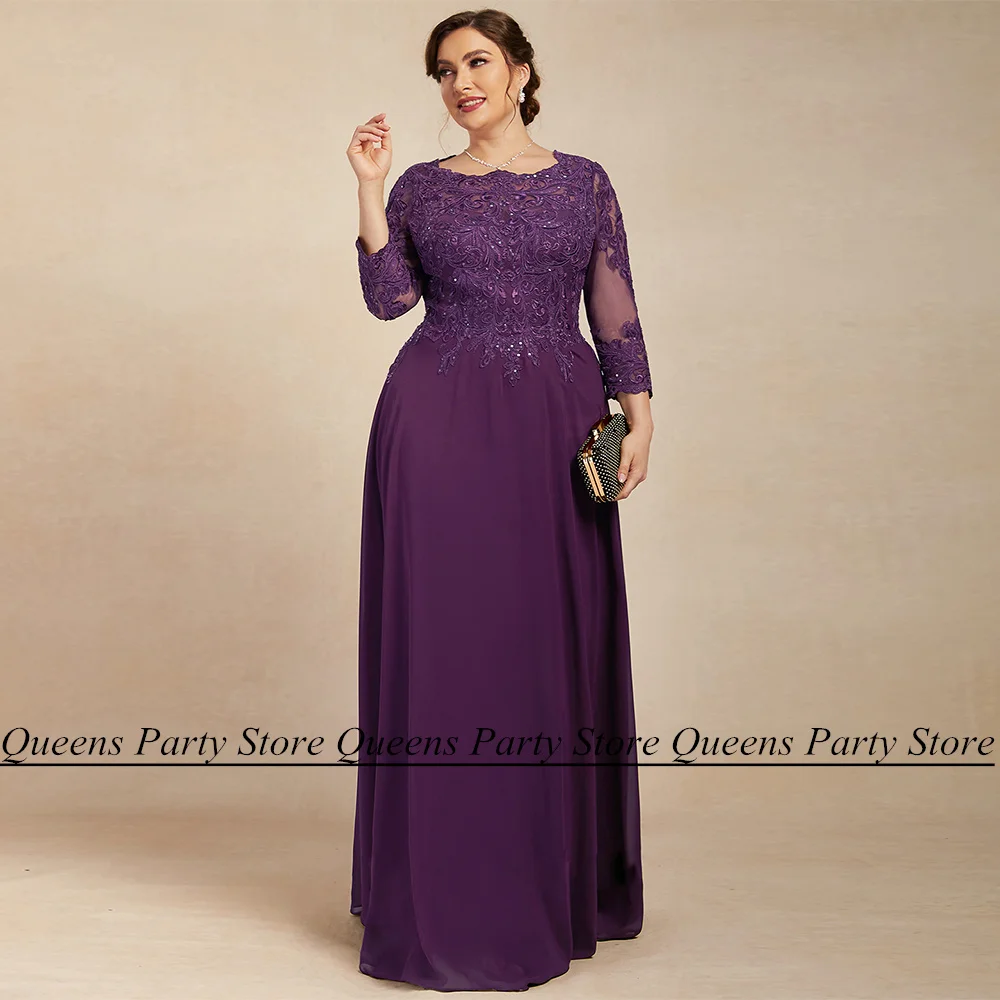 

Grape Chiffon Mother of The Bride Dress Scoop Neck 3/4 Sleeves Sequined Applique Floor Length A Line Wedding Guest Gown