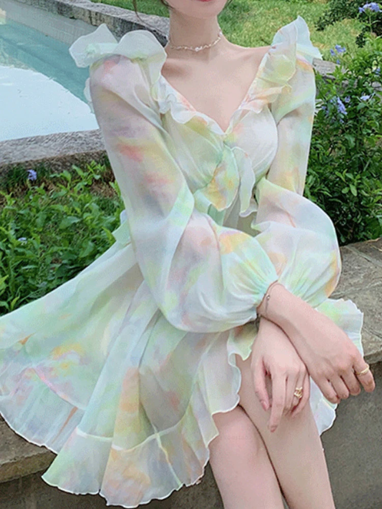 

France Sweet Tie-dyed Fairy Dress Women Elegant Chic Ruffles V-Neck Long Sleeve Princess Dresses Female Casual Beach Vestidos