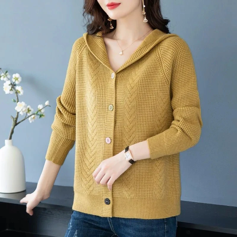 Женский вязаный кардиган с капюшоном, свободный однобортный Кардиган с длинным рукавом, свитер в Корейском стиле, весна-осень 
Женский вязаный кардиган с капюшоном, свободный однобортный Кардиган с длинным рукавом, свитер в Корейском стиле, весна-осень