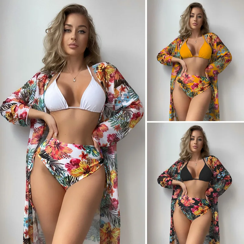 

Swimsuit 3 Piece Bathing Suit Print Ruched Bikini Set with Kimono Cover Up Long Sleeve High Waisted Women Swimwear Plus Size