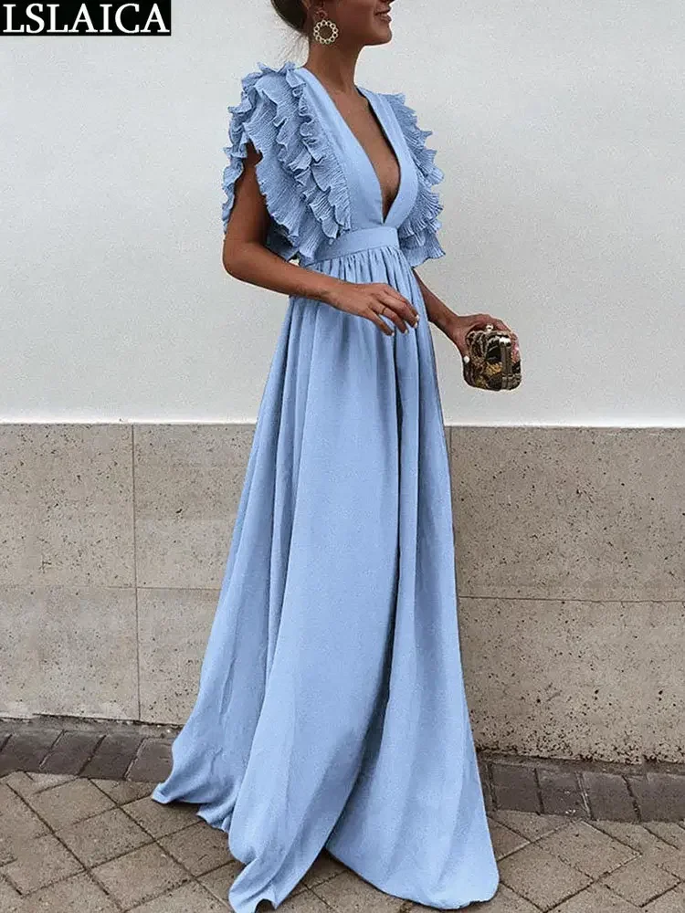 

Deep V Neck Formal Dresses for Women 2023 Elegant Big Swing Ruffles Sleeve Summer Holiday Evening Long Dress Sexy Party Clubwear