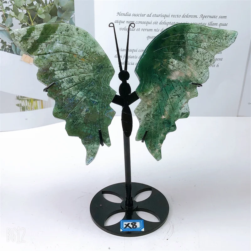 

Натуральный Мох, крылья бабочки из агата, ручная работа, с подставкой, энергетический камень, лечебный камень для украшения дома