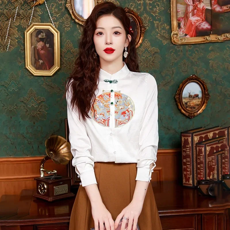 

YCMYUNYAN-Satin Chinese Style Blouses for Women, Embroidery, Loose Silk, Vintage Clothing, Long Sleeves, Spring, Summer