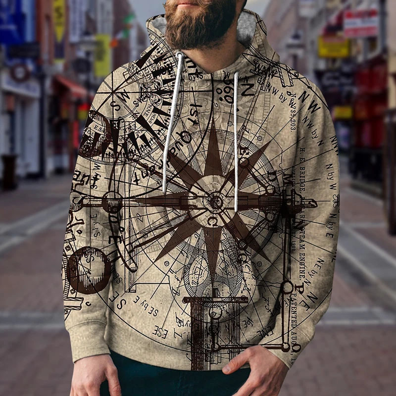 

New Men's and Women's 3D Printed Retro Nautical Map Compass Hoodie Neutral Fashion Casual Hoodie Harajuku Hip-hop Street Jacket