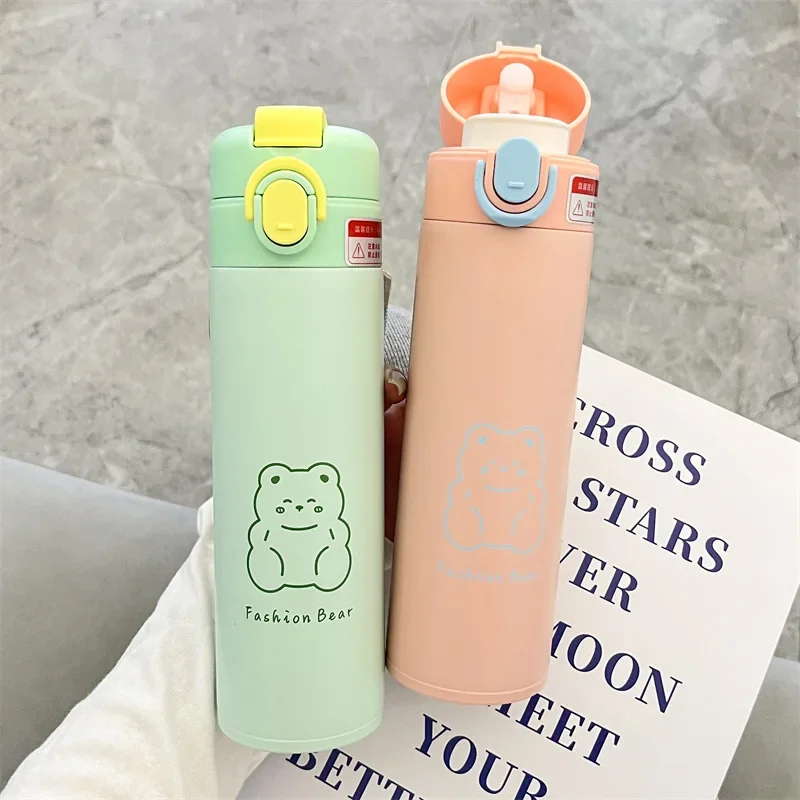 

Candy color bounce double drink children's thermos stainless steel water cup straws straight cup