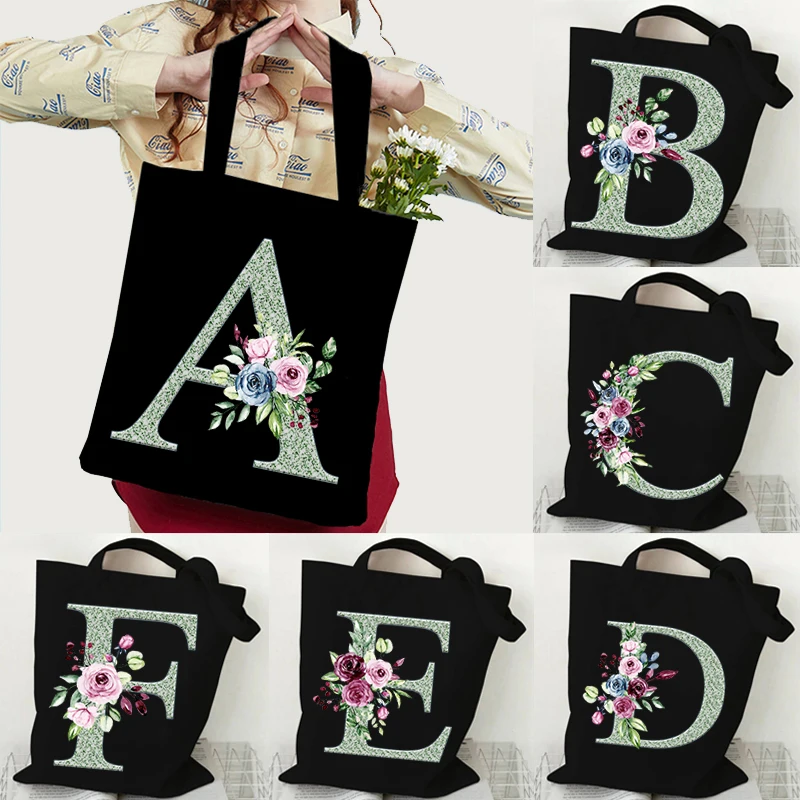 

Женские черные сумки, повседневная вместительная Холщовая Сумка-тоут с цветком алфавита, многоразовая женская сумка через плечо для покупок