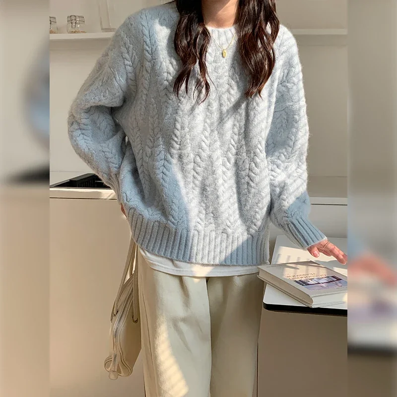Winter Blue Loose Casual Women's Pullovers New Knitted Solid Color Chic O-neck Simple Female Sweater Fashion Streetwear E89 
Winter Blue Loose Casual Women's Pullovers New Knitted Solid Color Chic O-neck Simple Female Sweater Fashion Streetwear E89