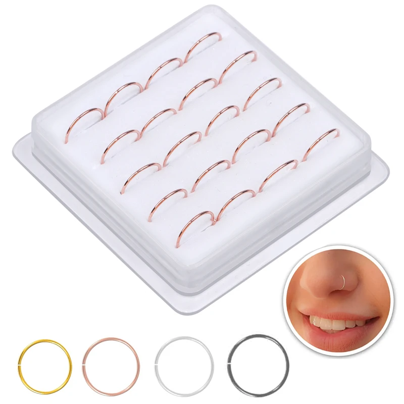 

20Pcs Rose Gold Color Nose Rings for Women Men Nostril Septum Body Piercing Jewelry 10MM Thin Nose Hoop Ring Soft Adjustable