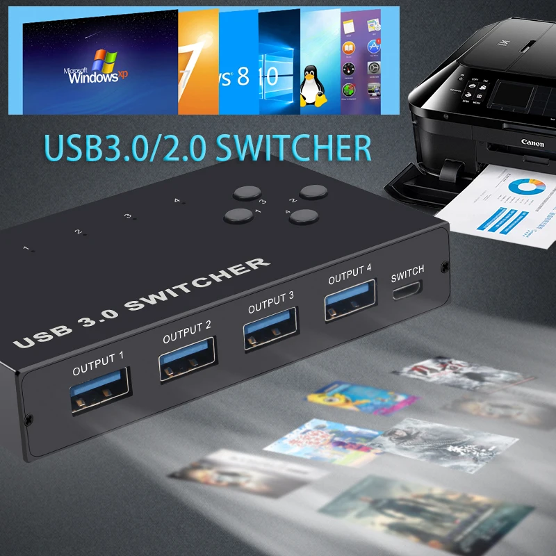 USB Switch 4 computer share 4 USB devices Splitter Adapter usb hub Multi-function Docking 4 In 4 Out USB3.0 Switch Plug and Play 
USB Switch 4 computer share 4 USB devices Splitter Adapter usb hub Multi-function Docking 4 In 4 Out USB3.0 Switch Plug and Play