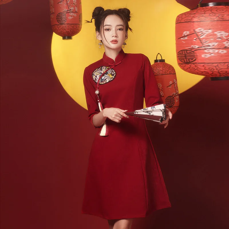 

2023 GuoChao Modern Chinese Dress for Girls Cheongsam A-line Dress Women Qipao Traditional Chinese Improved Cheongsam Dress