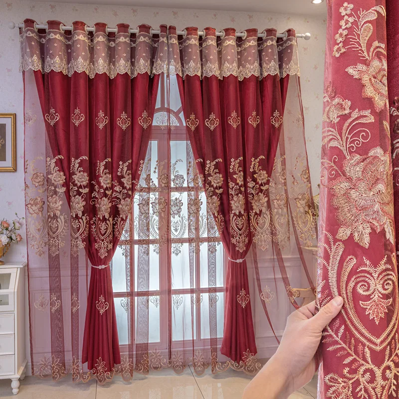 

1 Panel 132cm Width European Double Layer Curtain with Valance for Living Room Bedroom Red Luxury Embroidered Curtain