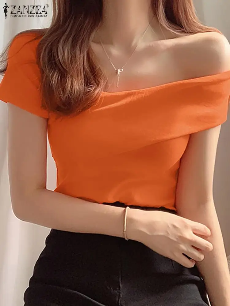 

2023 ZANZEA Elegant Skew Collar Shirt Korean Fashion Party Blouse Summer Raglan Sleeve Woman Sexy Chemise Casual Bodycorn Blusas