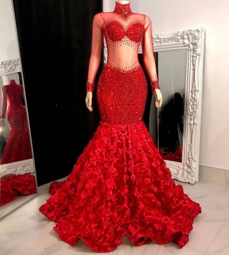 

Красное платье для выпускного вечера в Африканском и американском стиле, с длинным рукавом и блестками, с цветочным узором и бусинами, черное платье для девушек, Нигерия, вечернее платье