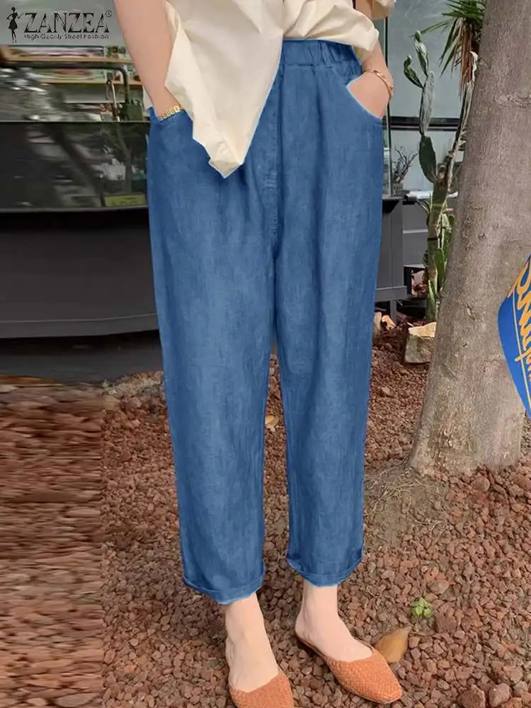 

Брюки ZANZEA Женские однотонные в винтажном стиле, модные штаны-султанки из денима с эластичным поясом, свободные винтажные брюки для работы, голубые, лето 2024