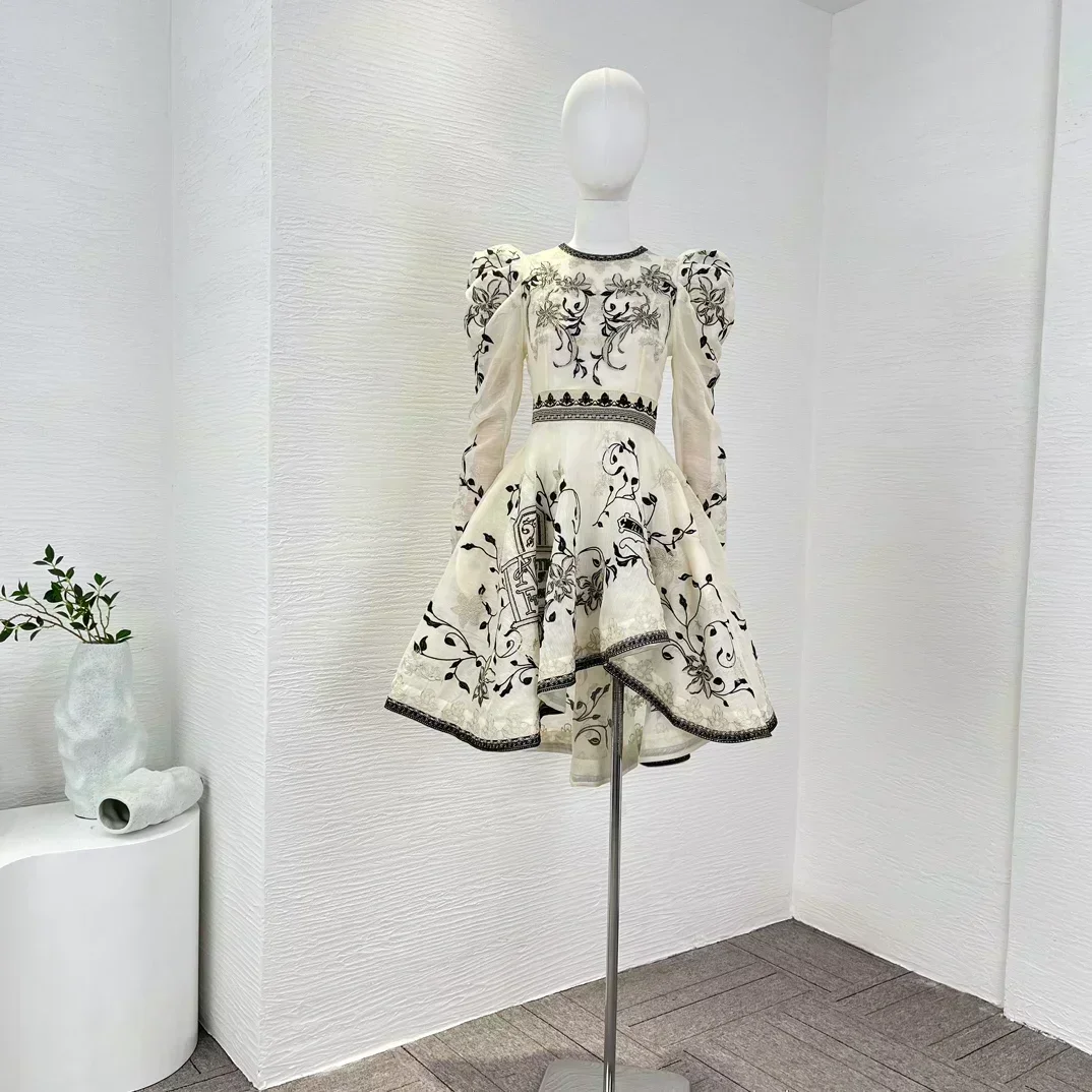 

Женское платье-мини из шелка и льна, винтажное изящное платье с длинными рукавами и цветочной вышивкой, роскошное платье для отдыха, 2023