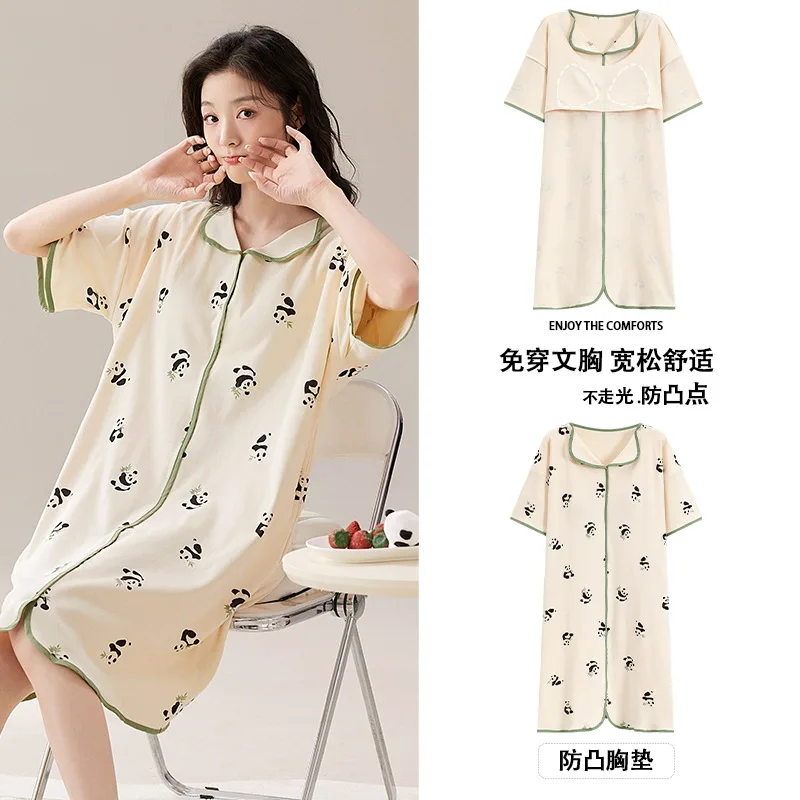 

Korean Cartoon Print Short Sleeve Nightgown Women's Cotton V Neck Sleepwear Loungewear Dresses For Summer Youth Girl Nightdress