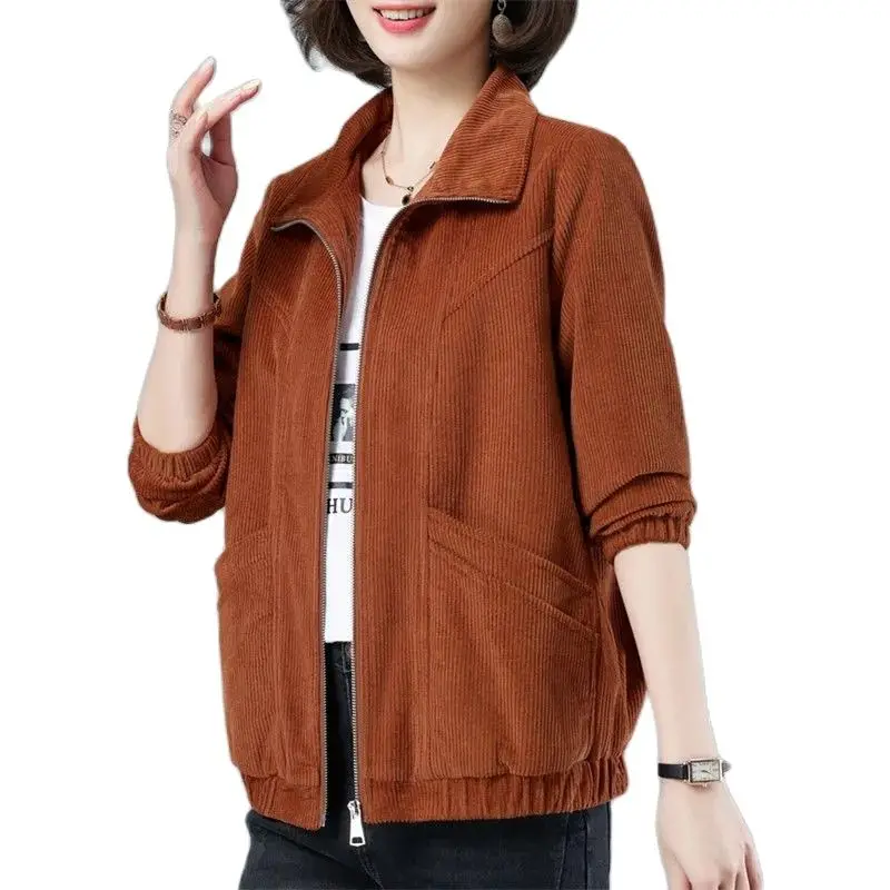 

Women Corduroy Jacket Spring Autumn Stand Collar Coat Middle-aged Mother Casual Short Windbreaker Female Lining Tops 4XL