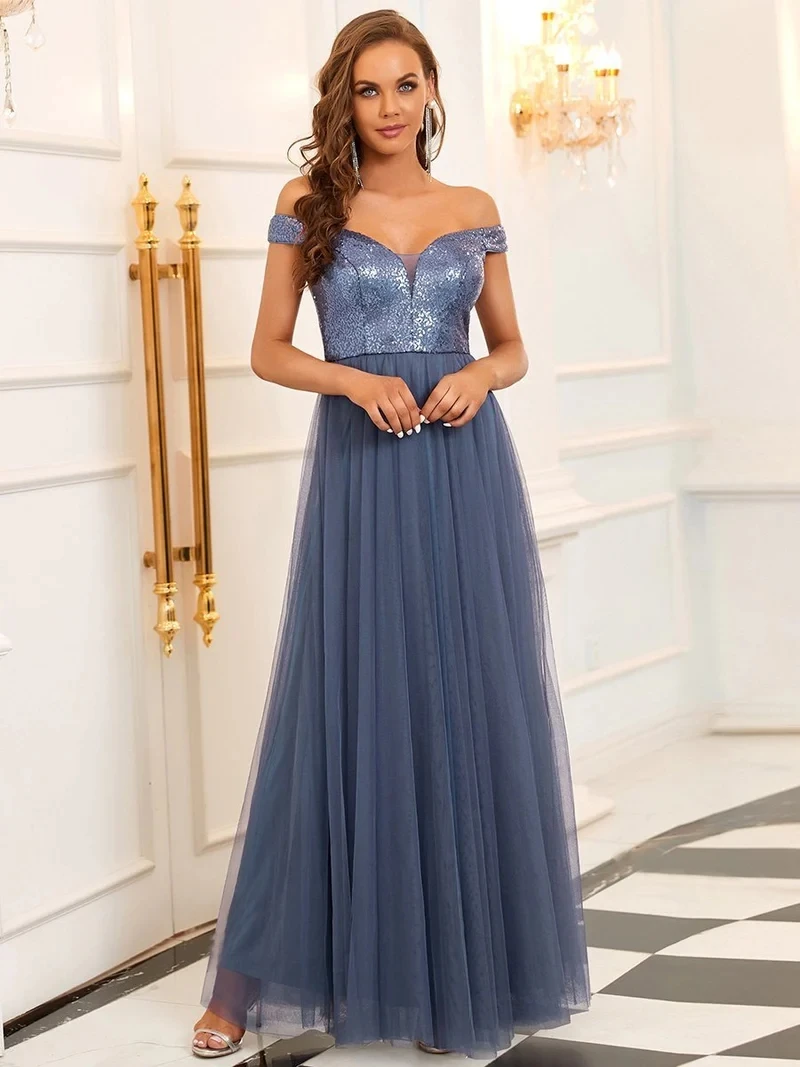 

Elegant Evening Dresses Long High Waist Tulle A-LINE V-neck Sleeveless Gown 2024 Ever Pretty of Sequined Simple Prom Women Dress