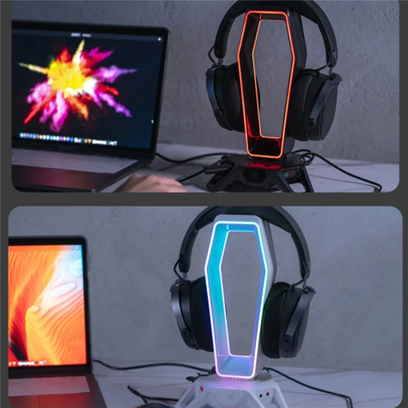 

RGB Headset Stand Multi-Functional Headphone Holder Hanger Display Shelf with 3 Virtual 7.1 Surround Sound Port(White)