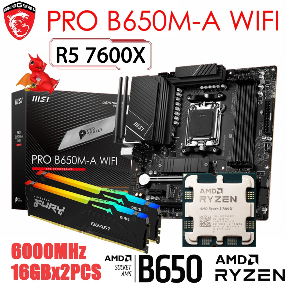 MSI PRO B650M-A WIFI Socket AM5 DDR5 128GB Motherboard Combo With AMD R5 7600X Processor Kingston DDR5 6000MHz 32GB RGB RAM Kit
MSI PRO B650M-A WIFI Socket AM5 DDR5 128GB Motherboard Combo With AMD R5 7600X Processor Kingston DDR5 6000MHz 32GB RGB RAM Kit
