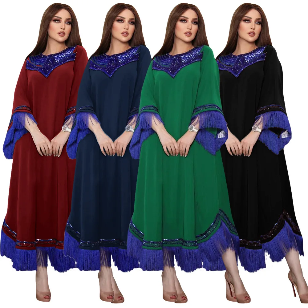 Women Dress Spring Sequin Splicing Tassel V-Neck Caftan Muslim Dress Lady Robe Party Ramadan Femme Long Dress
Women Dress Spring Sequin Splicing Tassel V-Neck Caftan Muslim Dress Lady Robe Party Ramadan Femme Long Dress