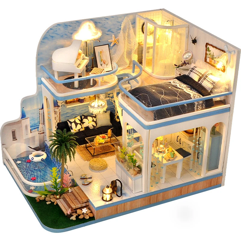 

DIY Wooden Ocean Casa Doll Houses Miniature Building Kits Dollhouse With Furniture LED Lights for Girls Birthday Gifts