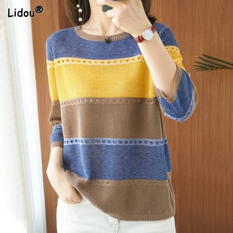 Hollow Out O-Neck Thin Loose Women's Clothing Patchwork Office Lady Slight Strech Pullovers Spring Summer Sweaters Comfortable
Hollow Out O-Neck Thin Loose Women's Clothing Patchwork Office Lady Slight Strech Pullovers Spring Summer Sweaters Comfortable