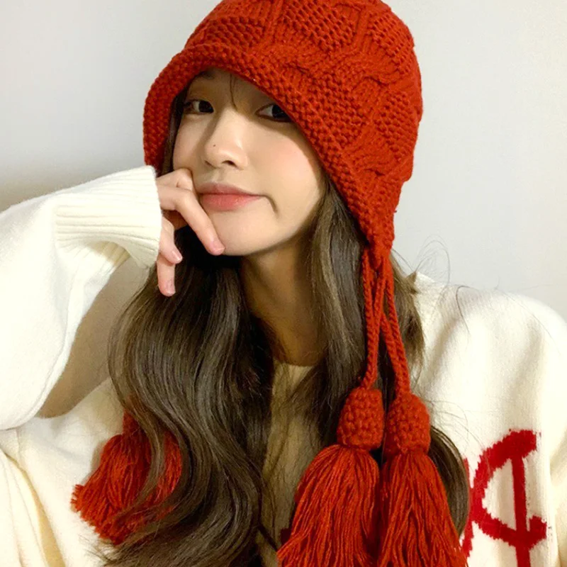 

Tassel Knitted Hat Women Autumn Winter Warm Woolen Fringed Pullover Hat Outdoor Travel Fashion Beanie Ear Protection Cap