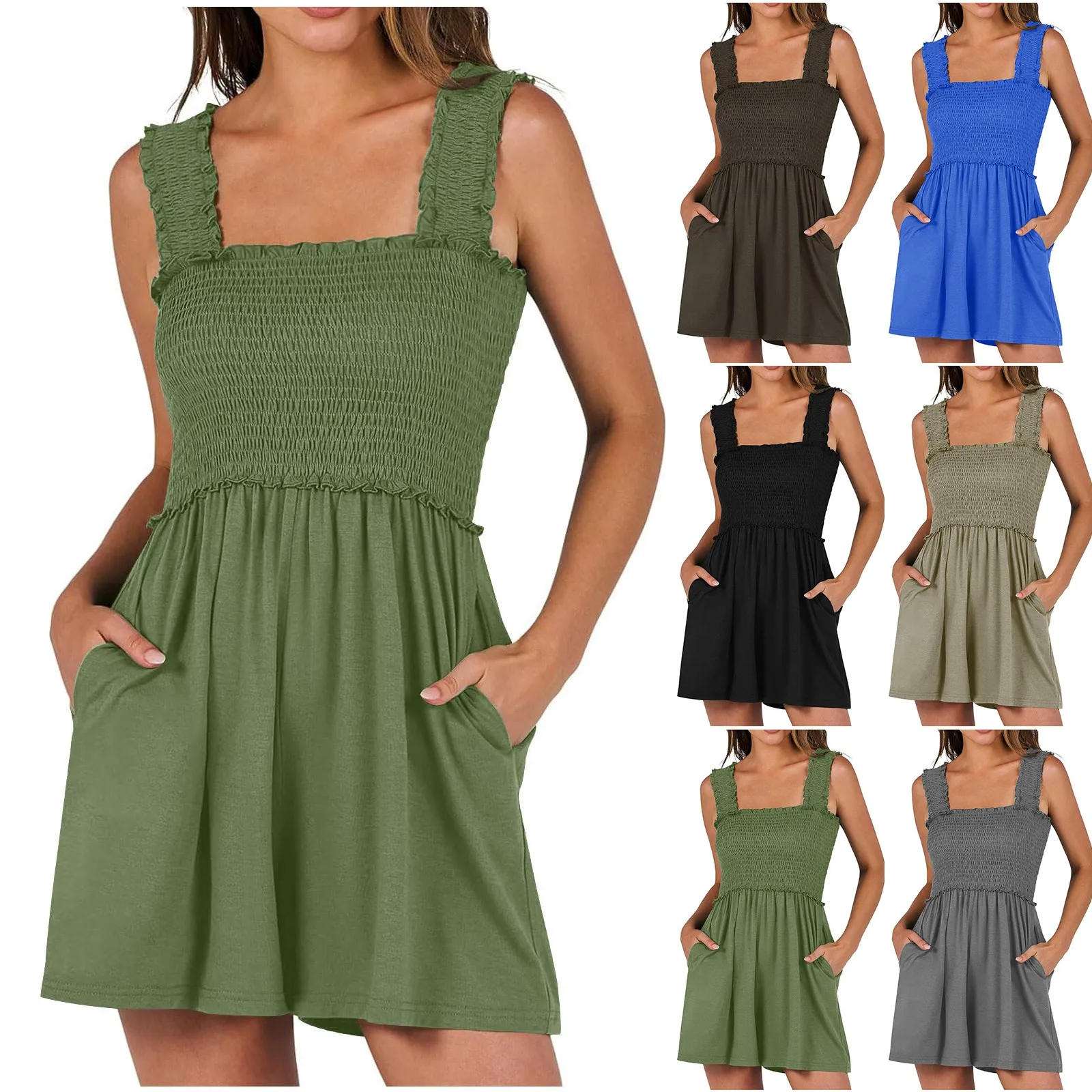 

Women's Summer Rompers Square Neck Sleeveless Smocked Dressy Casual Romper Dresses Beach Outfits With Pockets فساتين طويلة