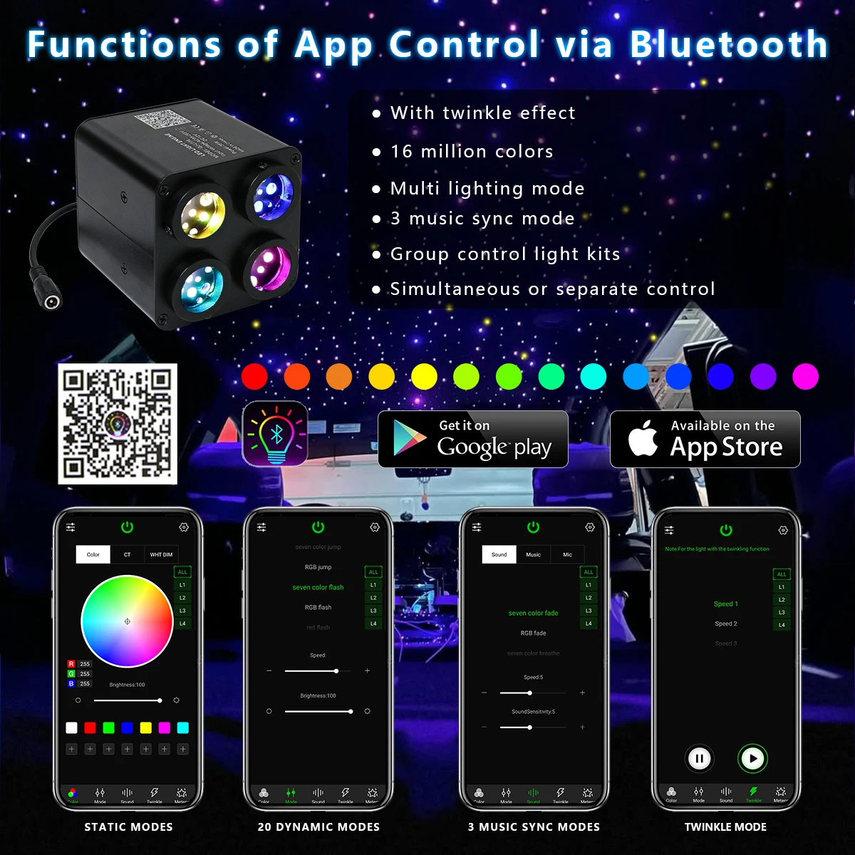 36w fiber optic flashing light, 4 colors, starry sky light, app remote control, car home fiber optic light RGBW, starry sky deco 36w fiber optic flashing light, 4 colors, starry sky light, app remote control, car home fiber optic light RGBW, starry sky deco