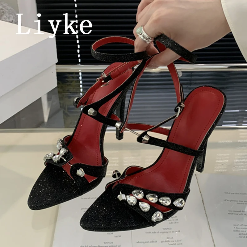 

Liyke Sexy Metal Pointed Toe Rhinestone Heels Wedding Banquet Shoes Summer Fashion Glitter Ankle Strap Sandal Women Black Silver