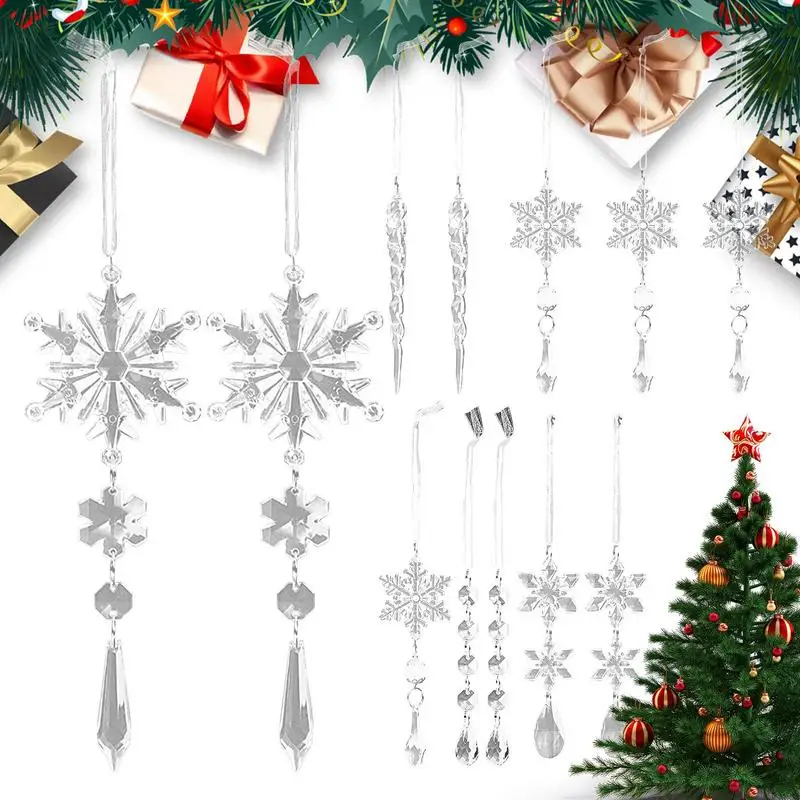 

12pcs Christmas Clear Simulation Ice Xmas Tree Hanging Ornament Clear Lifelike Snowflake Fake Icicle Xtmas Tree Decor for party