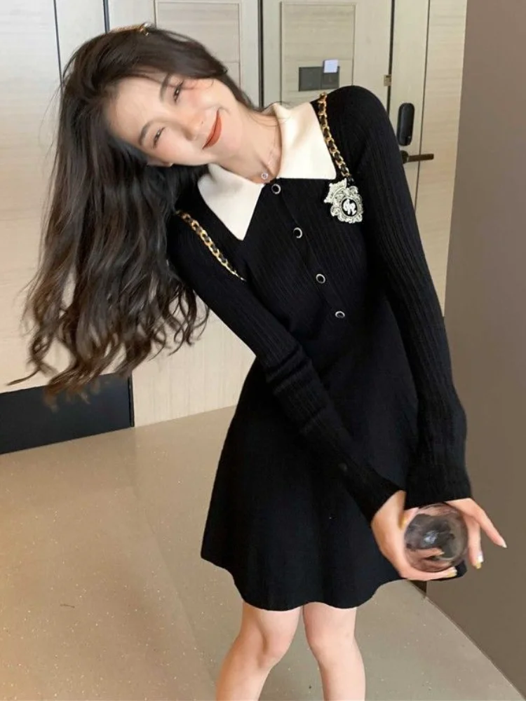 

School Student Knitted Knit Black Dress Women Preppy Style Korean Fashion Kpop Long Sleeve Mini Short Dresses 2023 Autumn