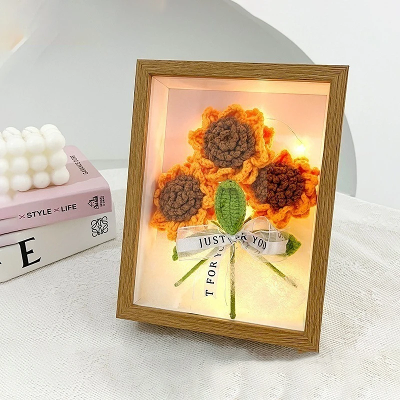

Hand-Woven Creative Ornaments Artificial Flowers Sunflower Photo Frame Desktop Ornaments Bouquet Finished Good Gift