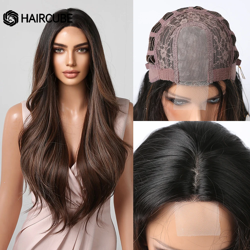 

HAIRCUBE Ombre Black Brown Hairline Lace Synthetic Wigs Long Wavy Hair For Afro Women Middle Part Daily Heat Resistant Wigs