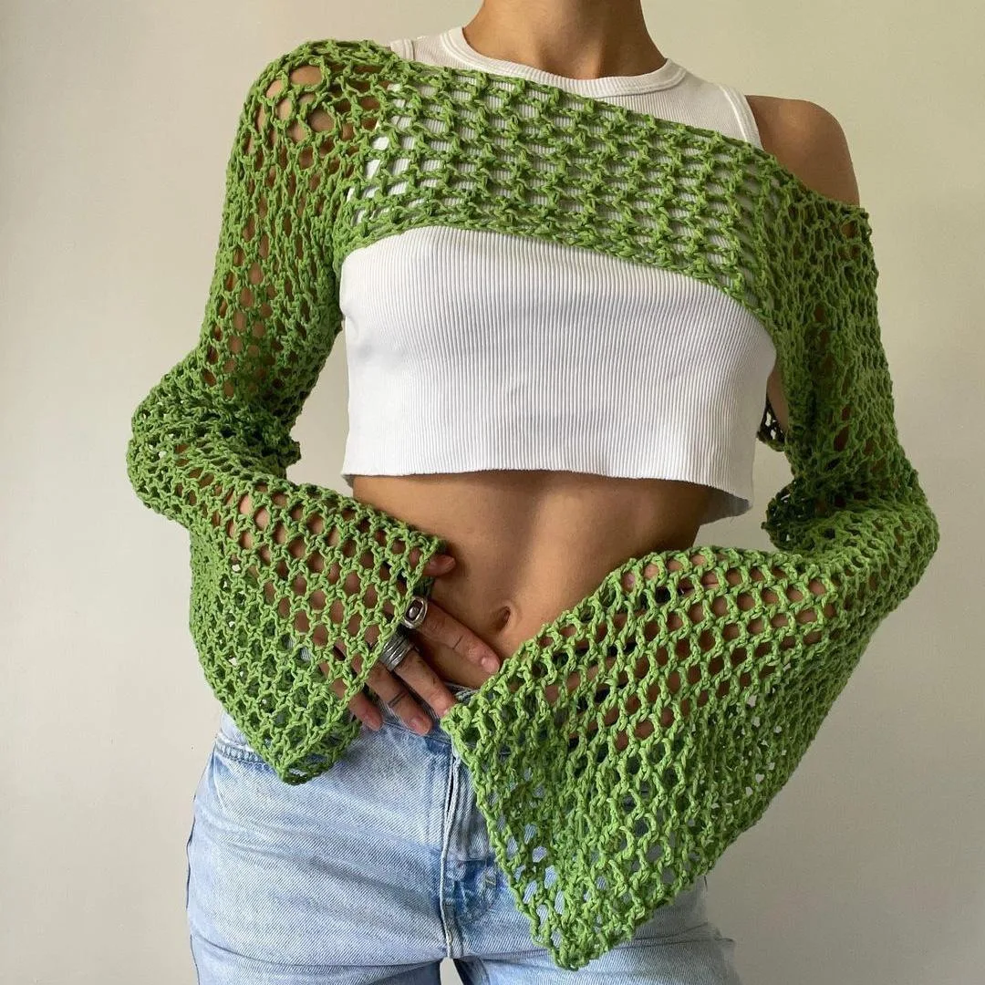 

Long Sleeve Crochet Top 2024 Summer New Womens Knitted Crop Top Knitted Mesh Top Green Openwork Beach Smock Y2k Streetwear