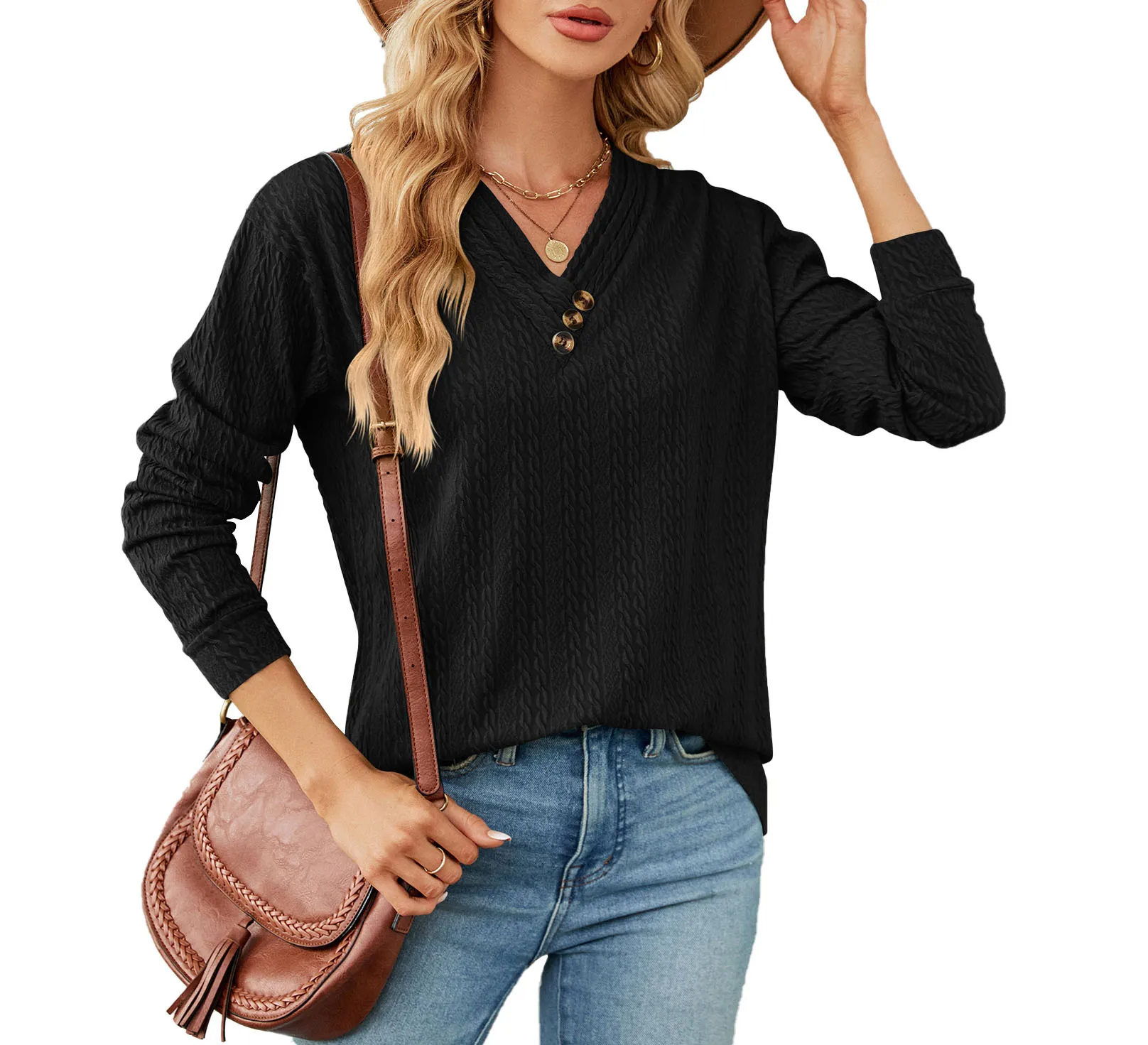 T-Shirt for Women 2023 Autumn and Winter New V-neck Buttons Solid Color Loose Long-sleeved Fashion Casual Tops
T-Shirt for Women 2023 Autumn and Winter New V-neck Buttons Solid Color Loose Long-sleeved Fashion Casual Tops