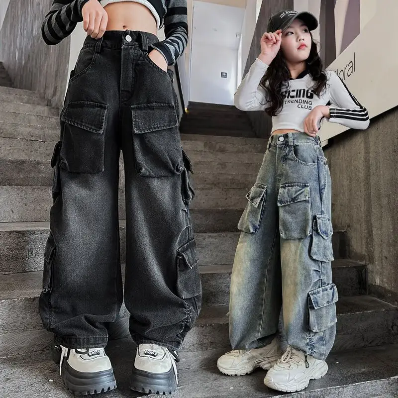 

Джинсы-карго для девочек, весна 2024, Свободные повседневные широкие брюки с эластичным поясом для подростков, дизайнерская уличная одежда, детские брюки