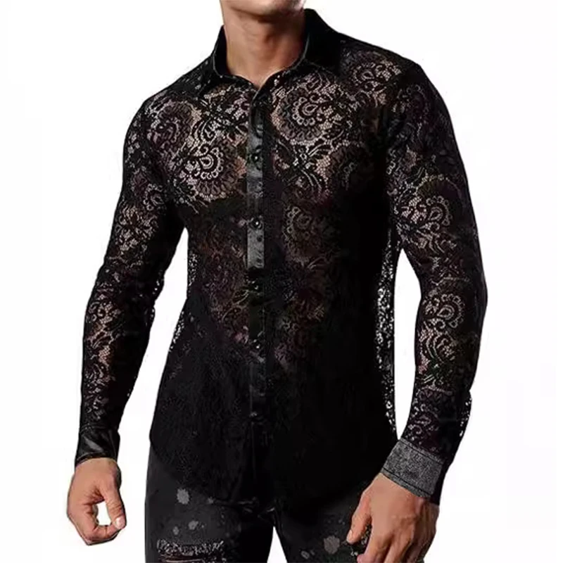 

Streetwear Mens Sexy Shirts Mesh Lace Florals Embroidery Shirt For Male Vintage Hollow Out See Through Mesh Tops Men Cardigans