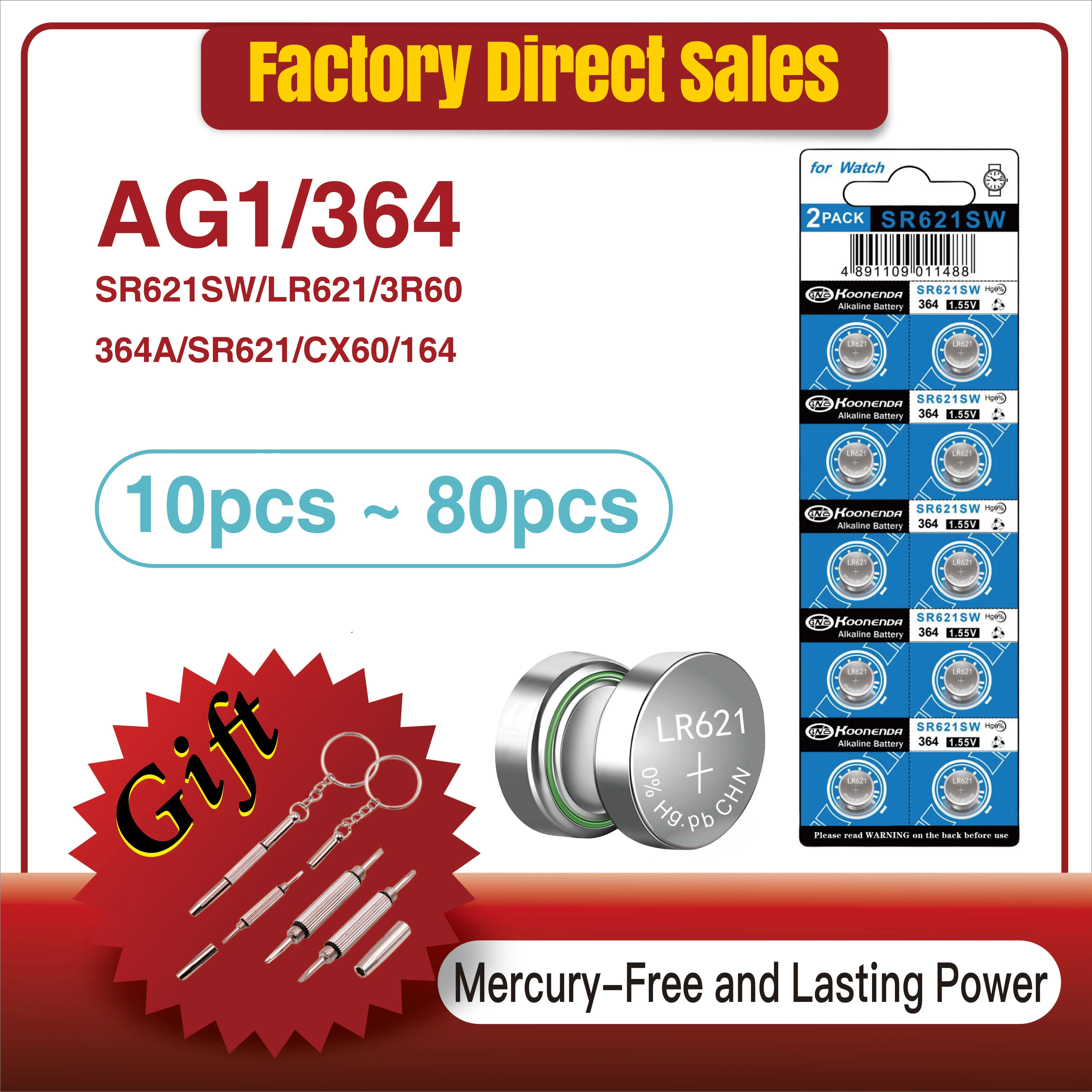 

10-80PCS LR621 AG1 1.55V Alkaline Button Battery SR621SW 364 164 SR60 363 621 SR621 L621 CX60 Coin Cell for Watch Clock Remote