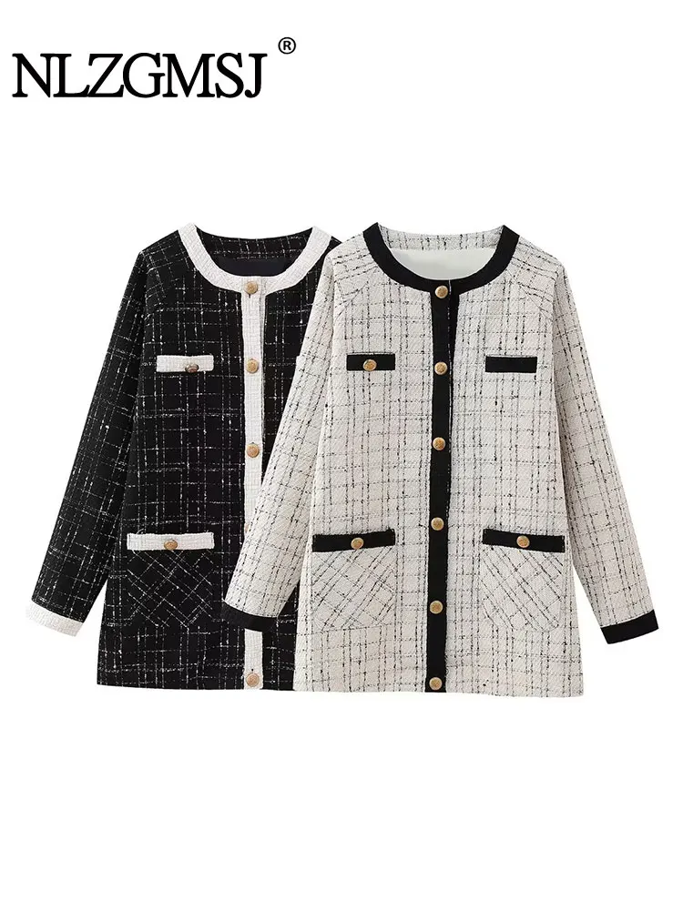 

Nlzgmsj TRAF 2023 Autumn Two-tone Single Breasted Plaid Loose Knit Cardigan Ladies Coat Retro Shirt Check Long Sleeve Coats