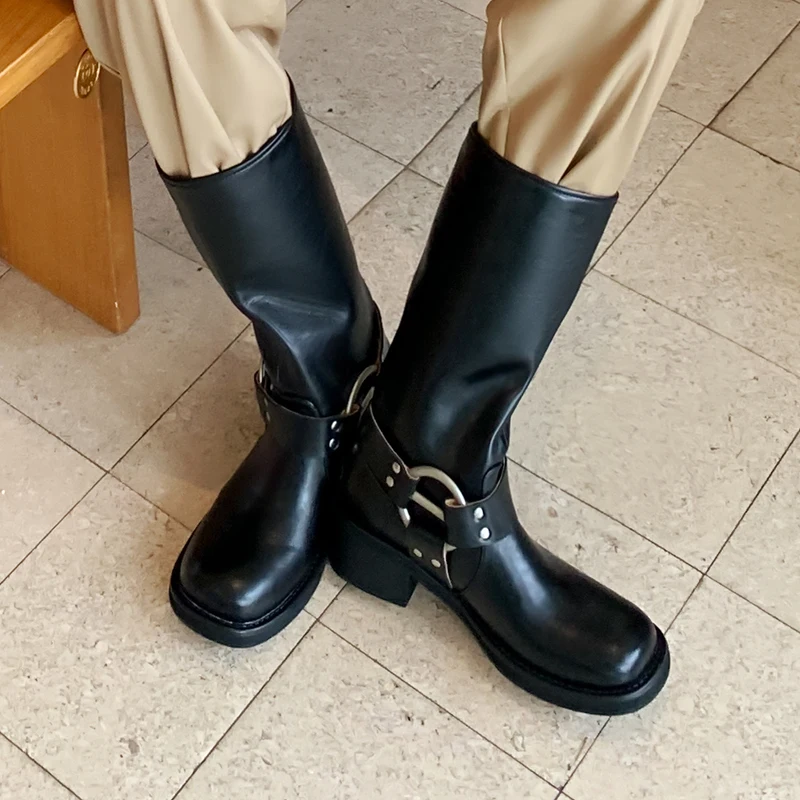 

Heihaian Mid-Calf Boots Fall 2023 New Vintage British Style Boots With Round-Toed Boots Decorated With Belt Buckles Are Women