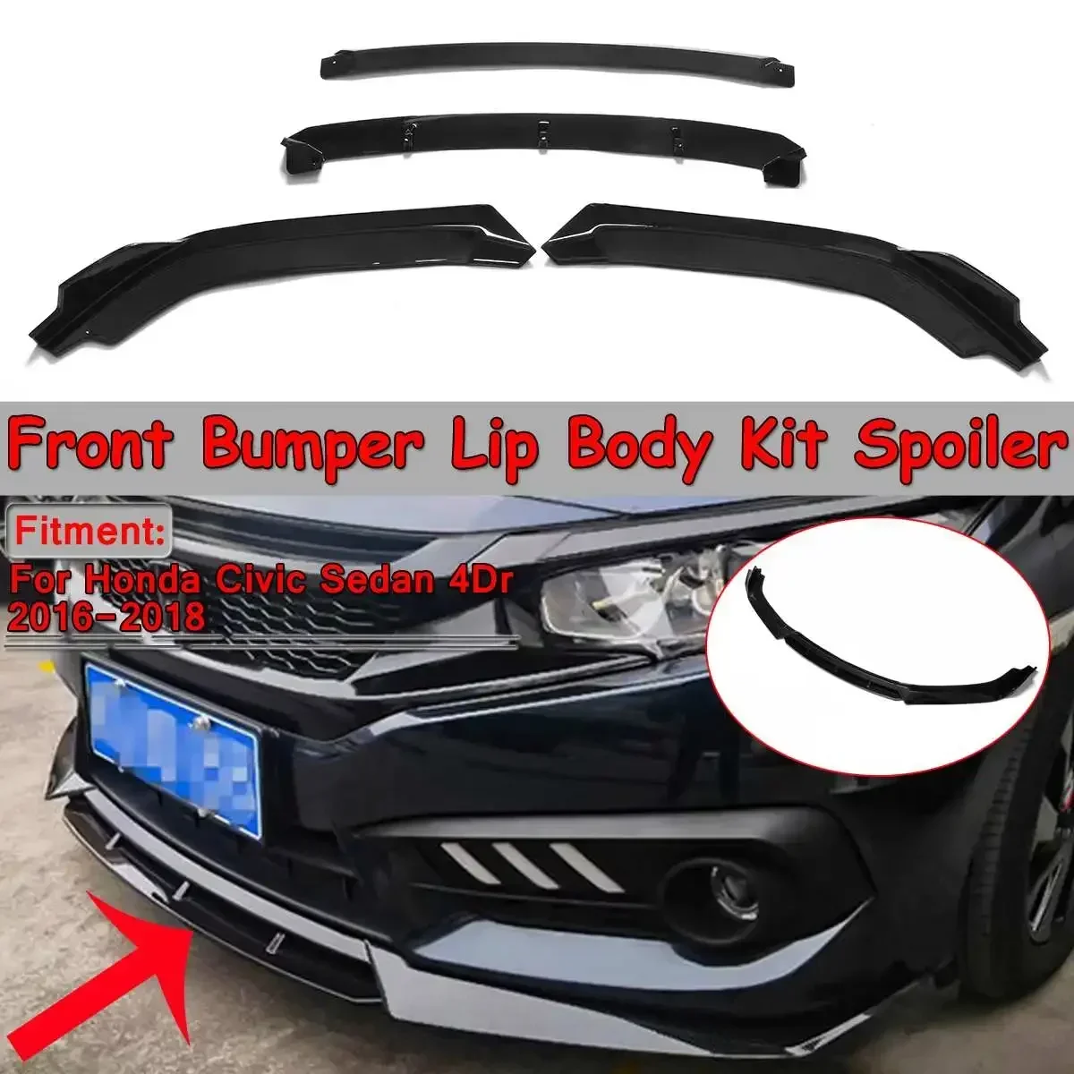 

Glossy Black Car Front Bumper Splitter Lip Spoiler Bumper Diffuser Lip For Honda For Civic Sedan 4Dr 2016 2017 2018 Body Kit