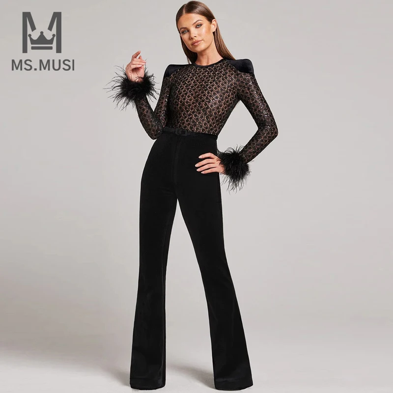 

MSMUSI 2024 New Fashion Women Sexy Feather Sequins Lace Mesh Long Sleeve Backless Bodycon Party Club Flare Pant Bandage Jumpsuit