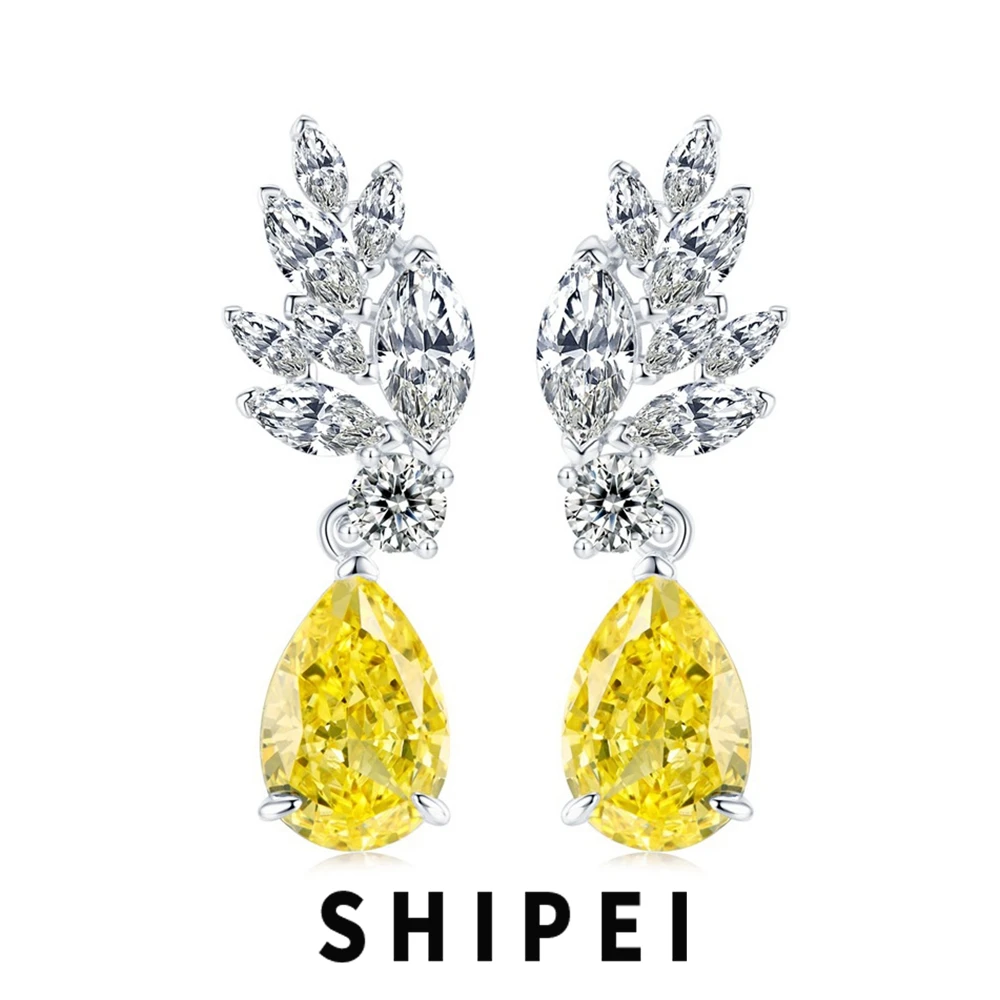 

SHIPEI Luxury Solid 925 Sterling Silver Pear Cut 8*12 MM Citrine White Sapphire Gemstone Dangle Earrings Fine Jewelry Wholesale