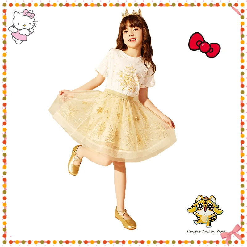 

Hello Kitty T-Shirt Tutu Skirt Sets Kawaii Girls Rose Gold Short Sleeve Shirts Mesh Dress Set Children Fasion Princess Clothing